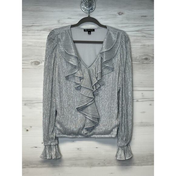 INC International Concepts Blouse Medium Womens Silver Ruffle Long Sleeve N Neck - Picture 1 of 8